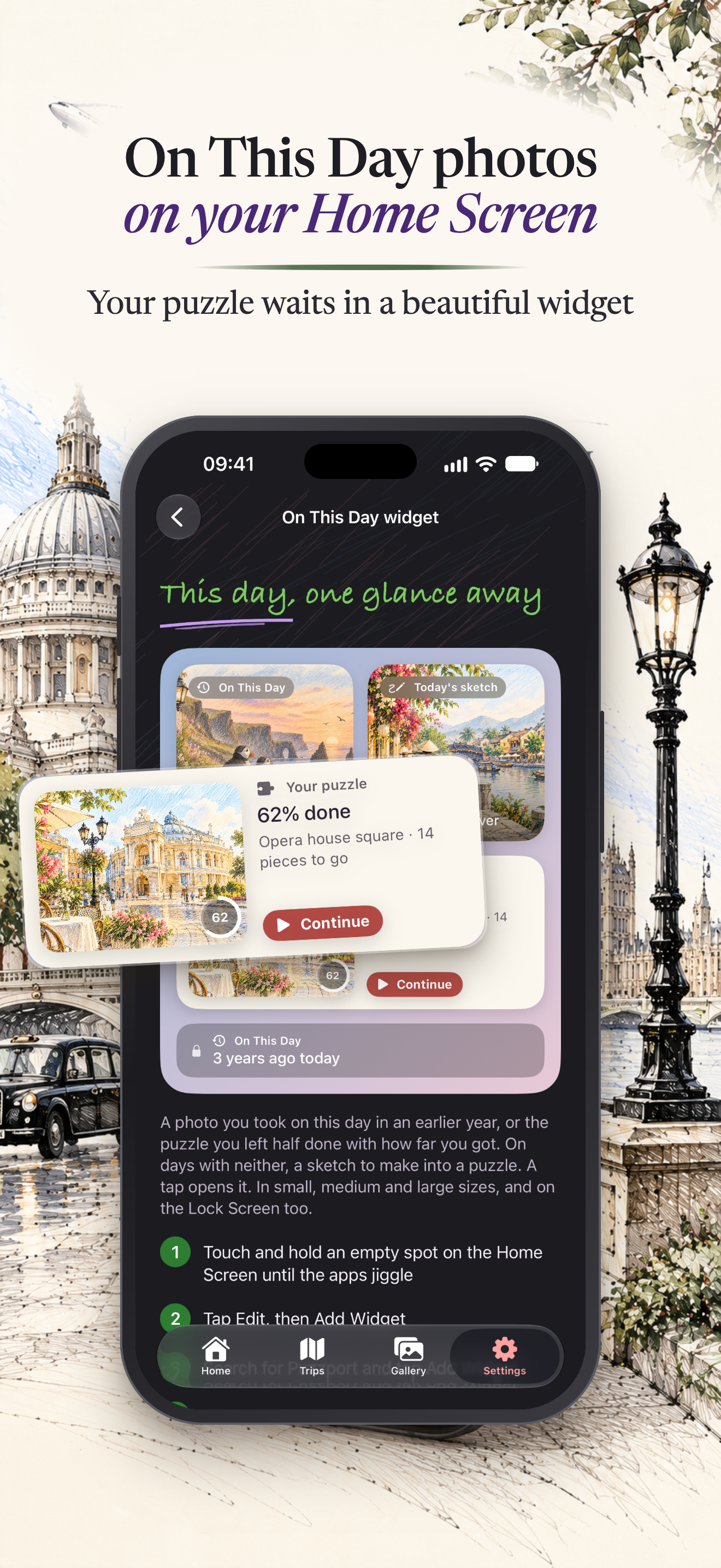 Puzzport on iPhone: the On This Day widget on the Home Screen