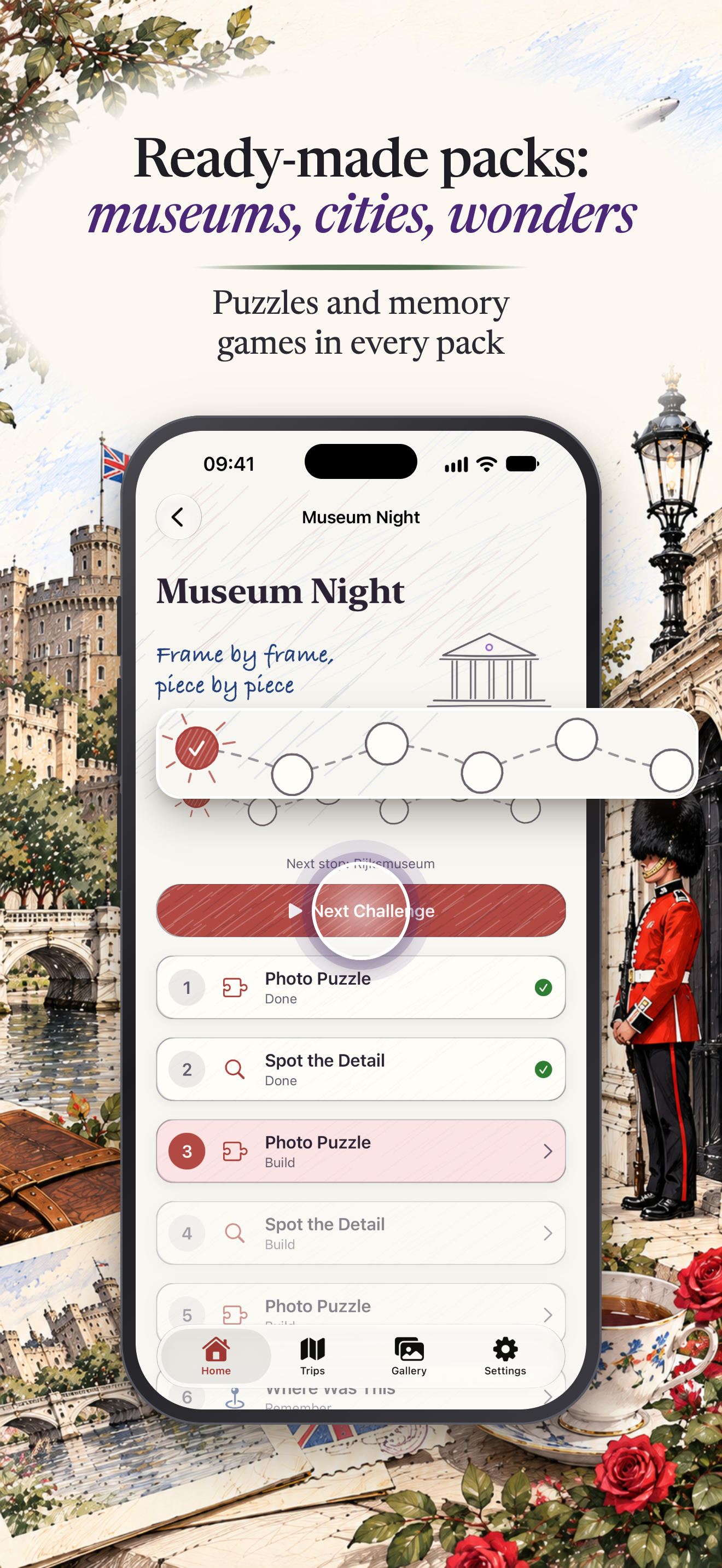 Puzzport on iPhone: the Museum Night ready-made pack of puzzles and memory games