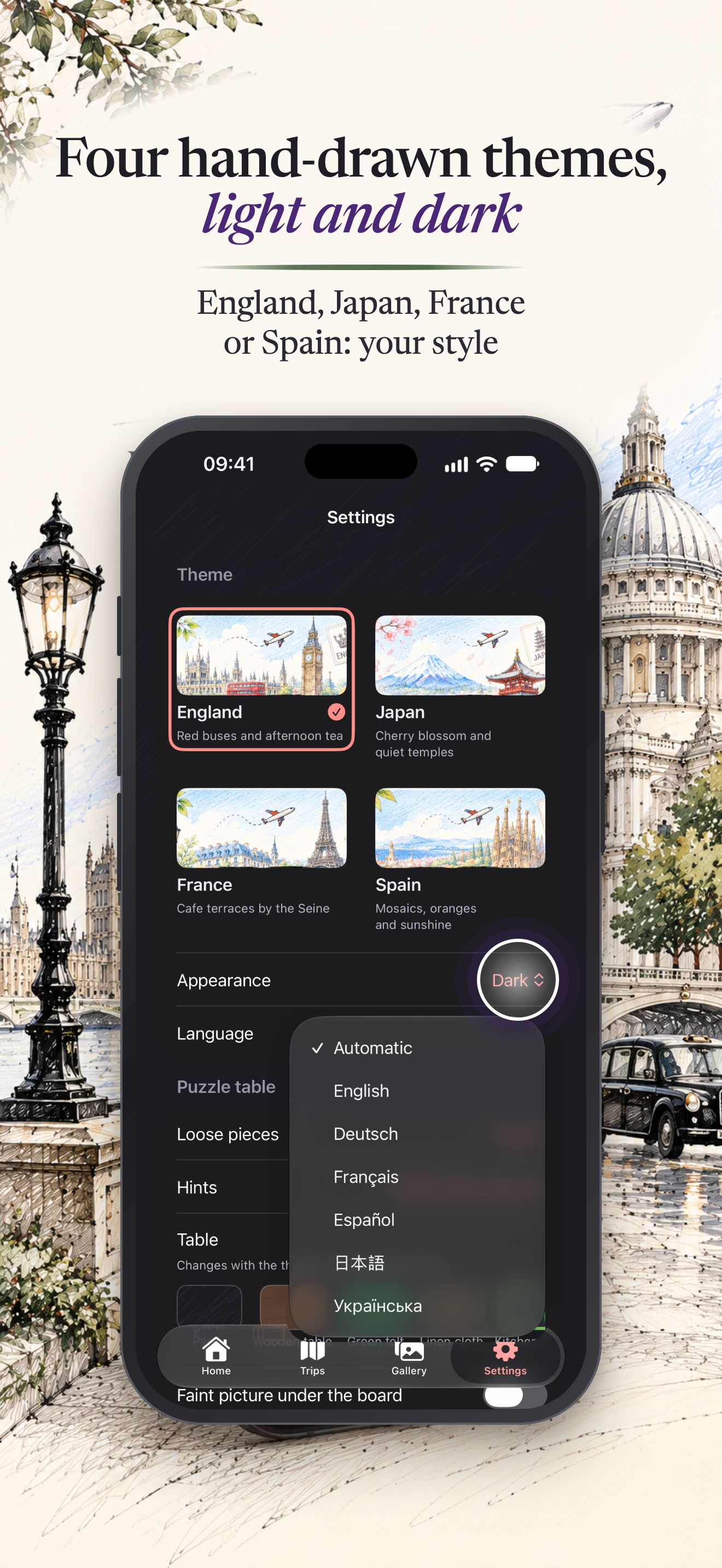 Puzzport on iPhone: four hand-drawn themes - England, Japan, France and Spain - in light or dark