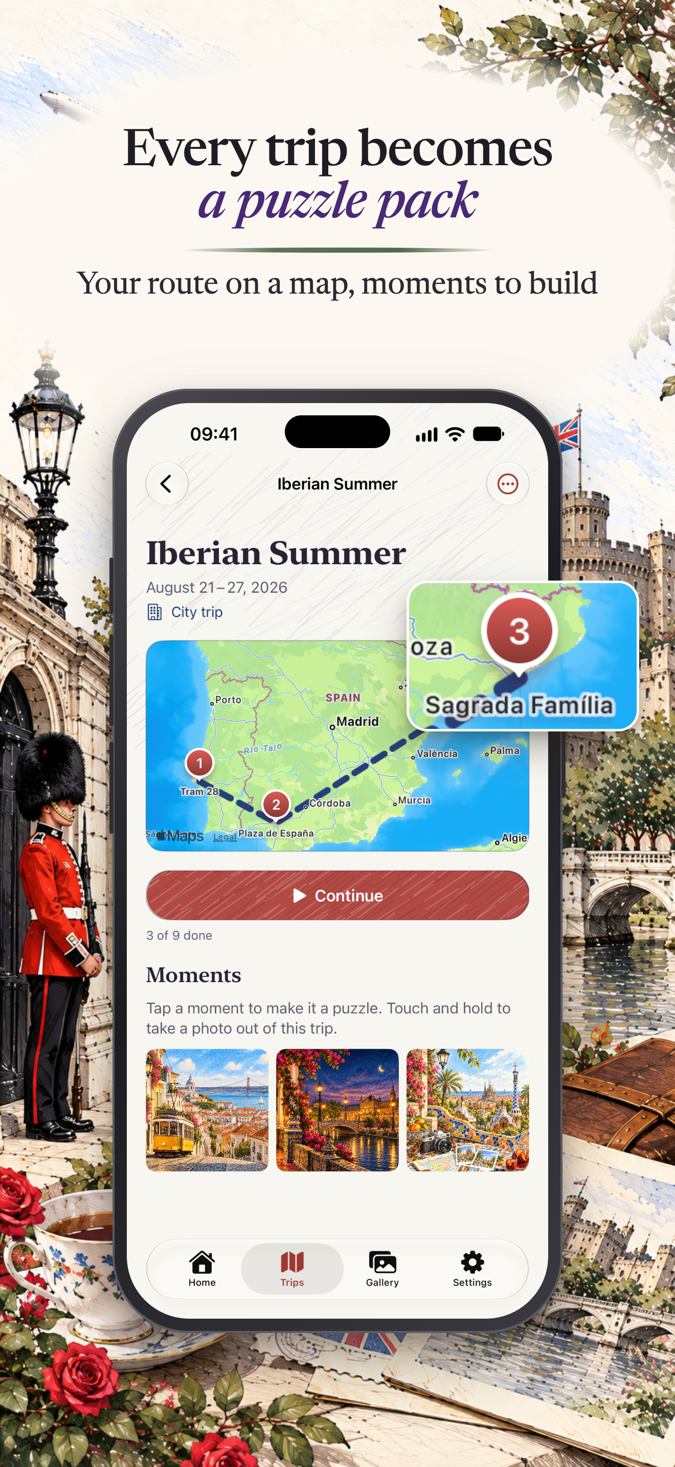 Puzzport on iPhone: a trip turned into a puzzle pack with its route on the map