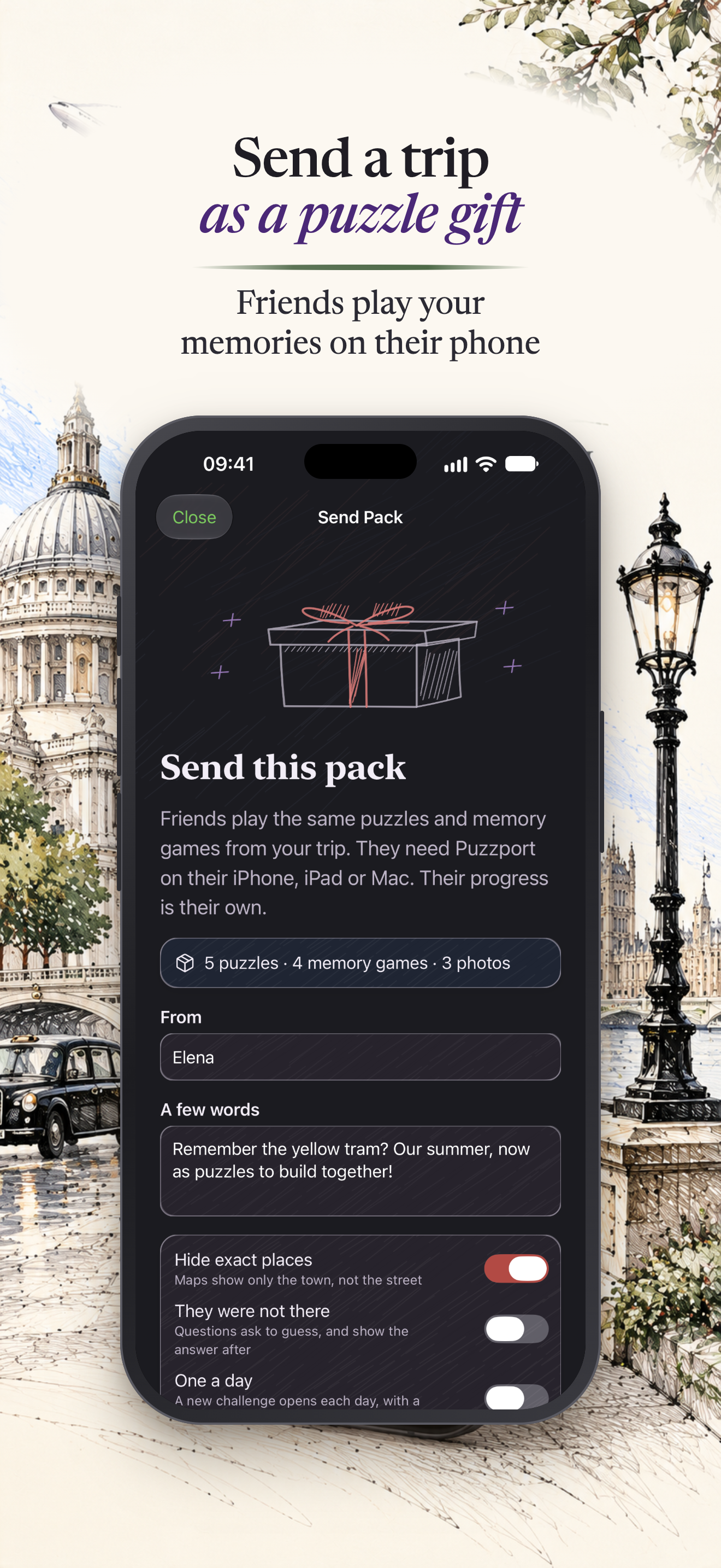 Puzzport on iPhone: sending a trip to a friend as a puzzle gift