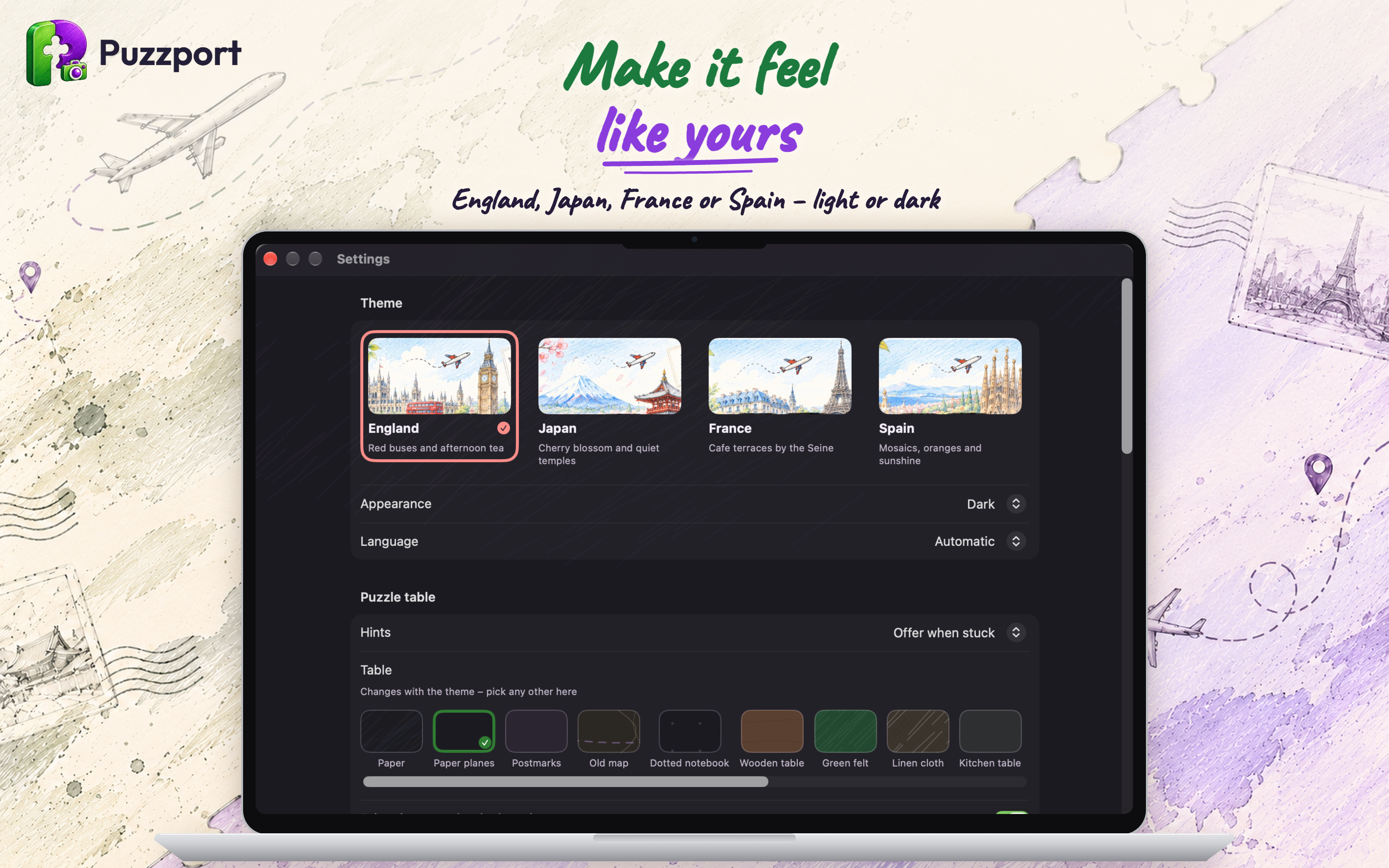 Puzzport on Mac: choosing a travel theme in light or dark