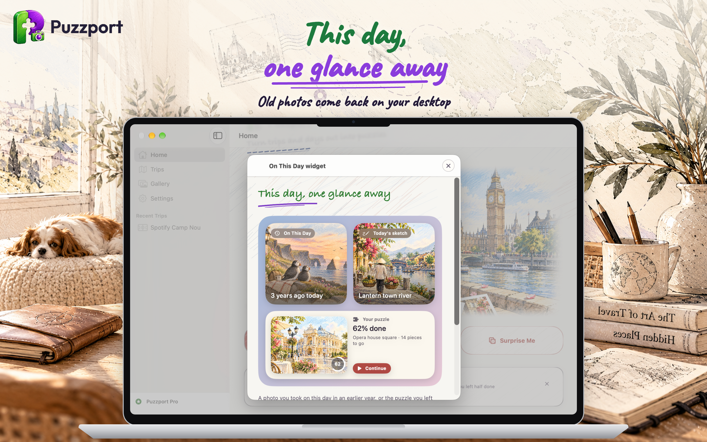 Puzzport on Mac: the On This Day widget on the desktop