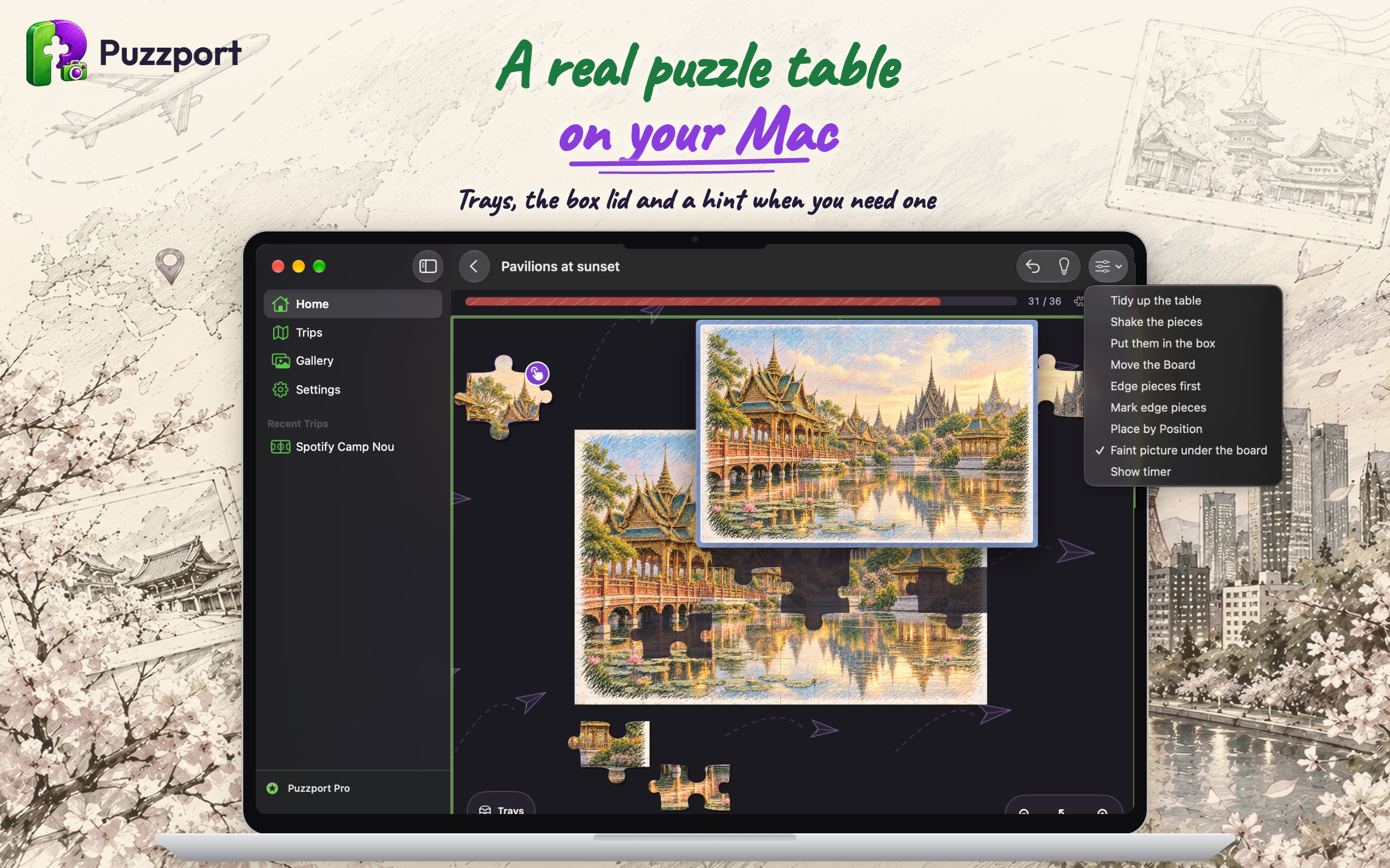 Puzzport on Mac showing a puzzle table with sorting trays, the box lid and a hint menu