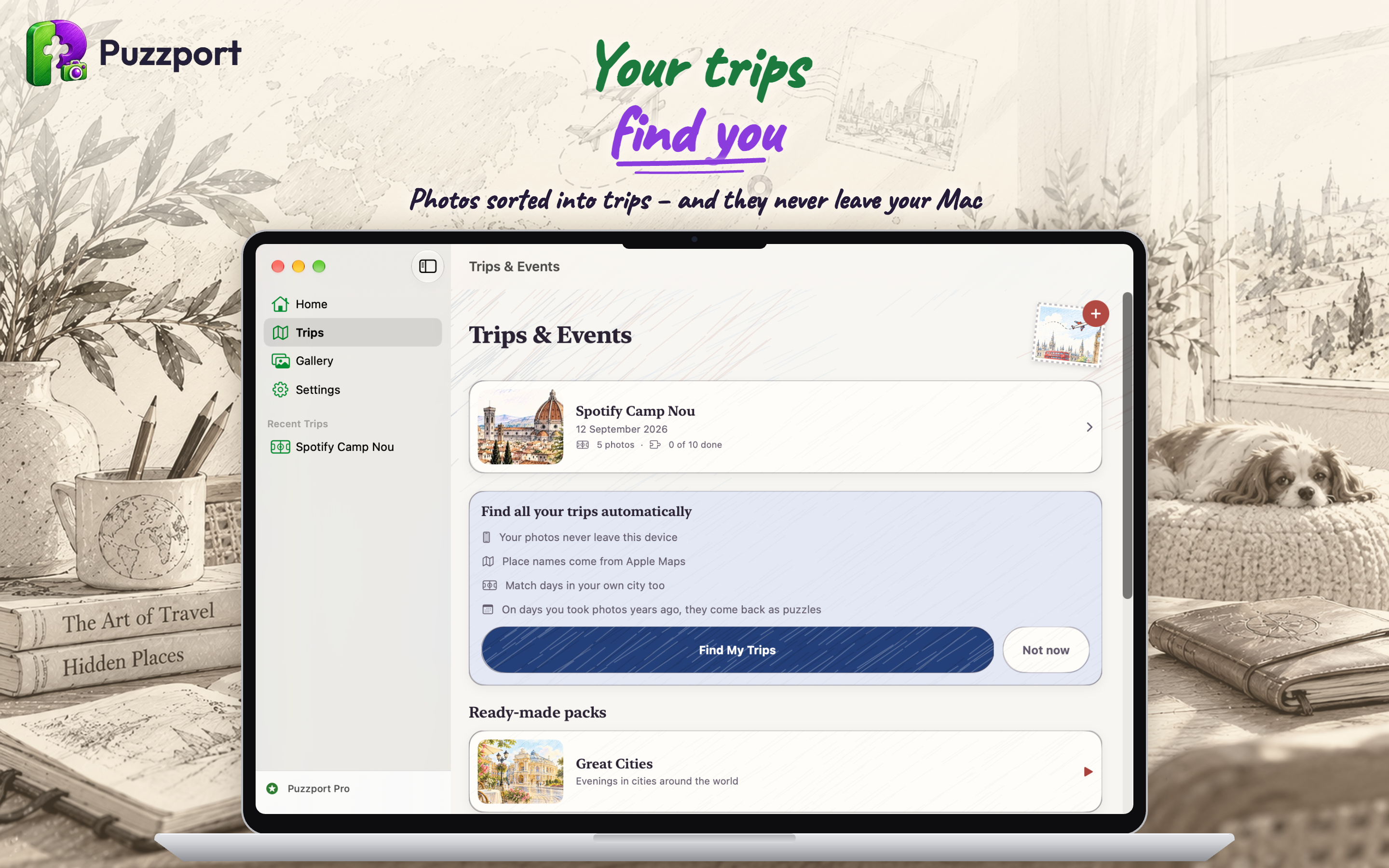 Puzzport on Mac: photos sorted into trips and events on the Mac
