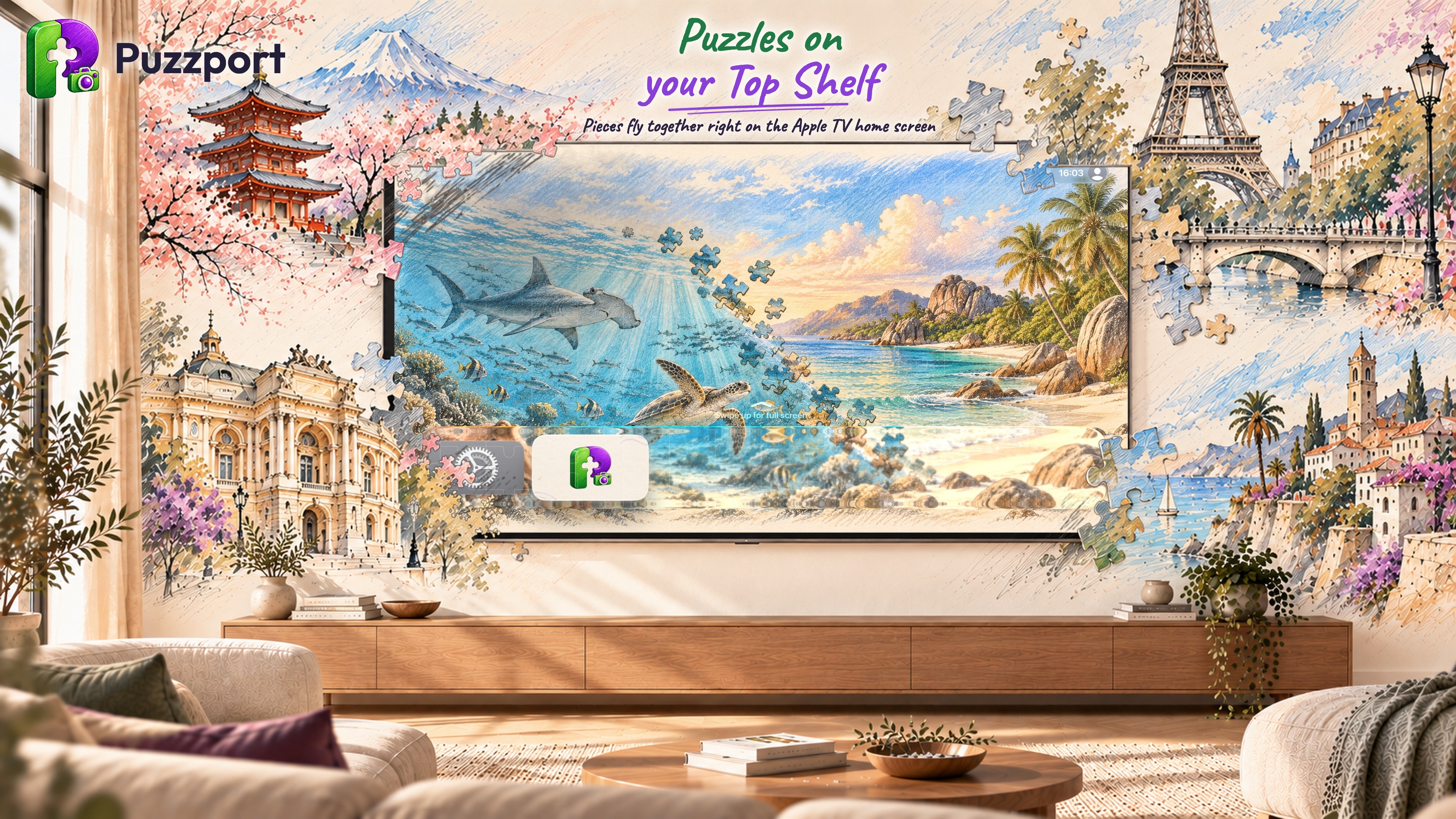 Puzzport on Apple TV: a puzzle on the Top Shelf of the Home Screen