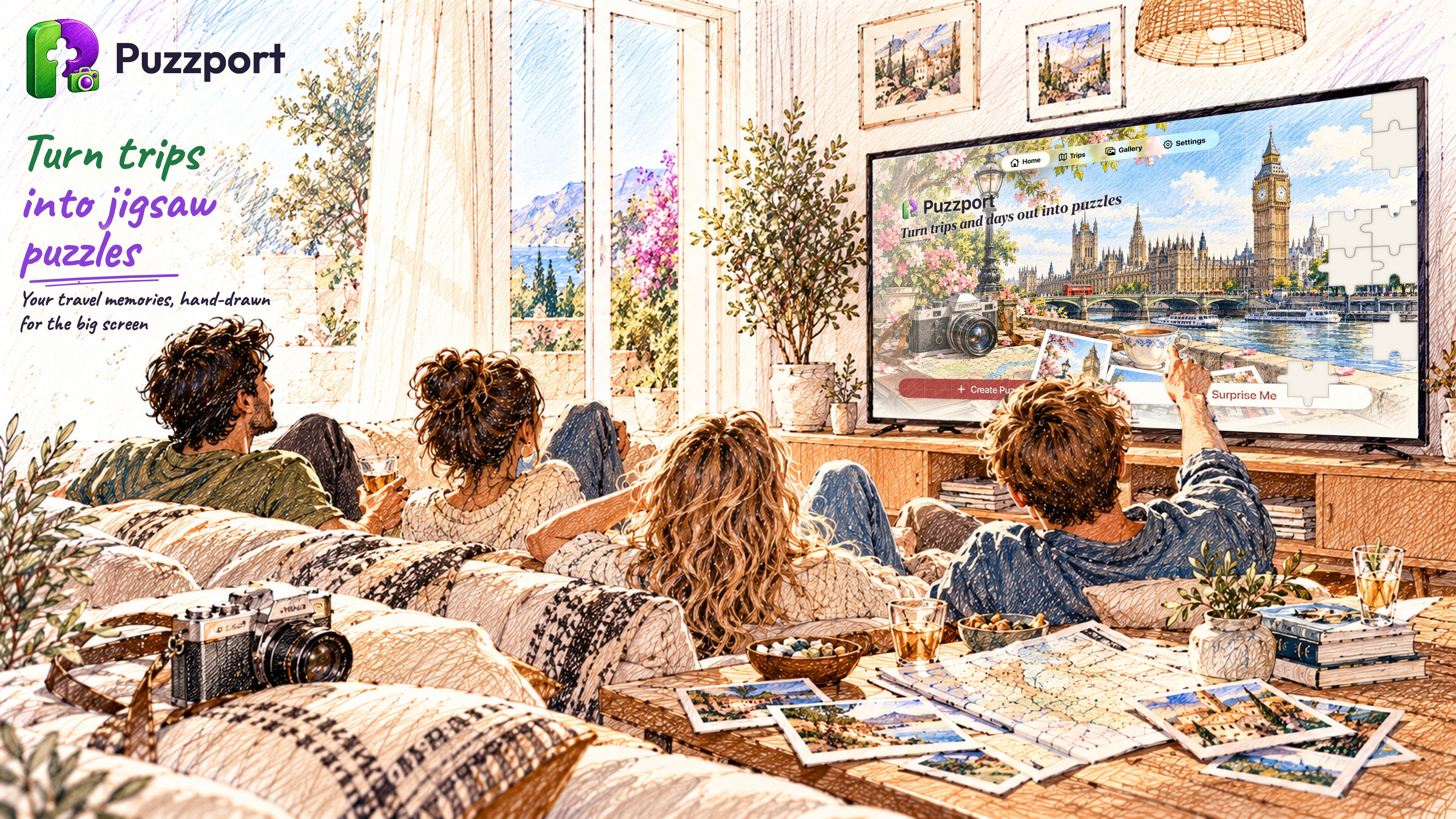 Puzzport on Apple TV: a family turning trip photos into a jigsaw on the big screen