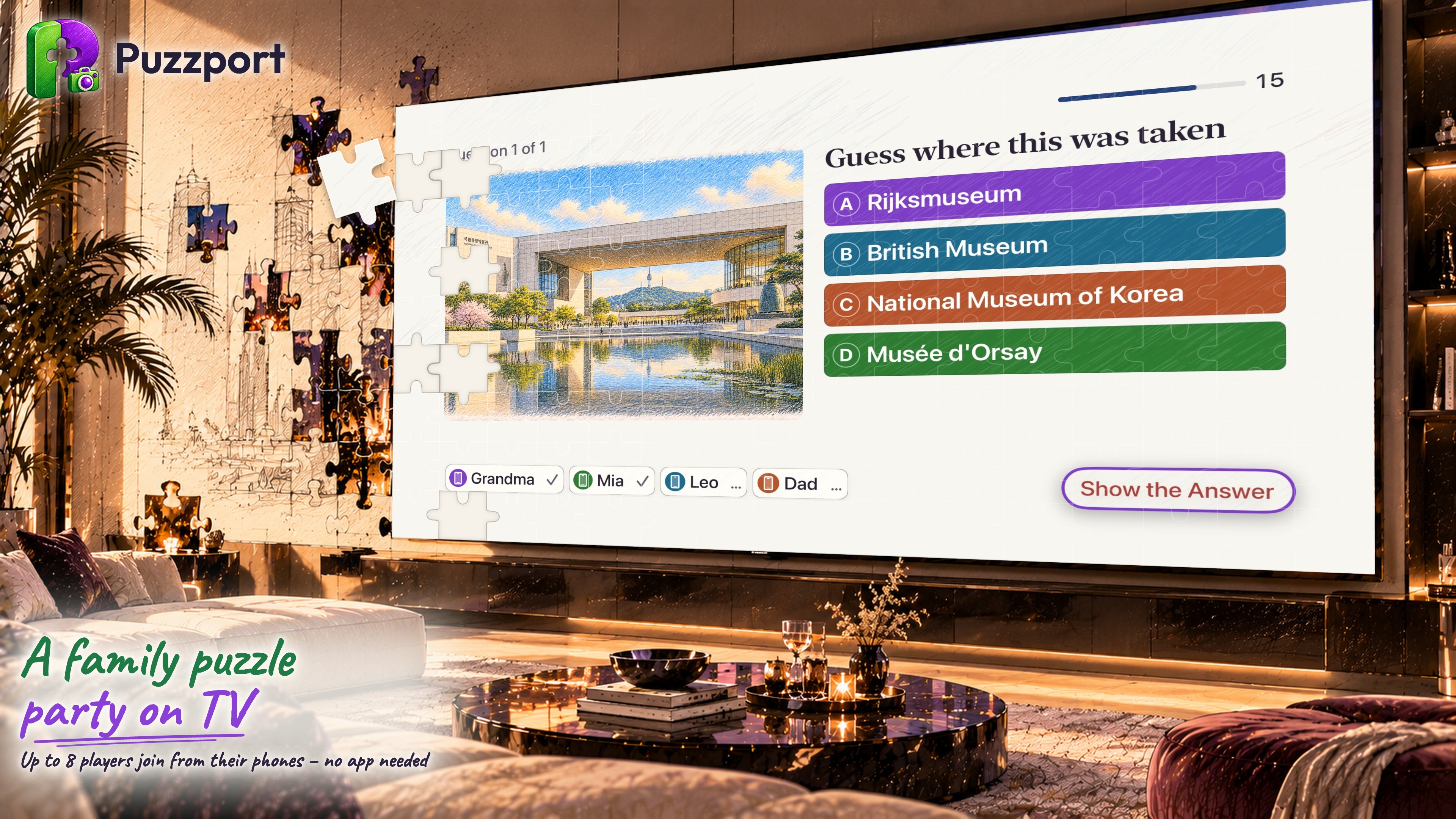 Puzzport on Apple TV: a family puzzle party, guessing where a photo was taken