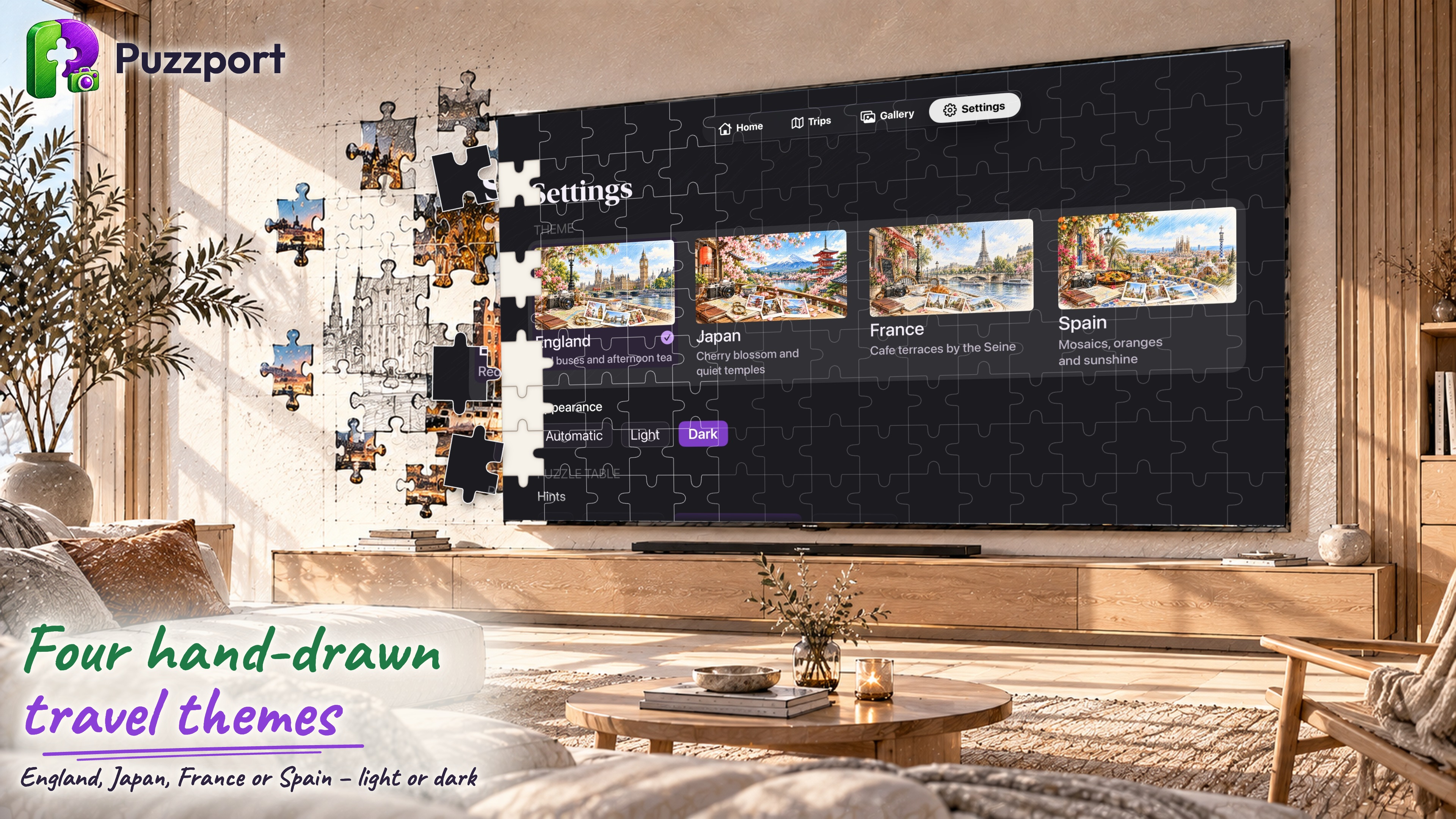 Puzzport on Apple TV: four hand-drawn travel themes, light or dark