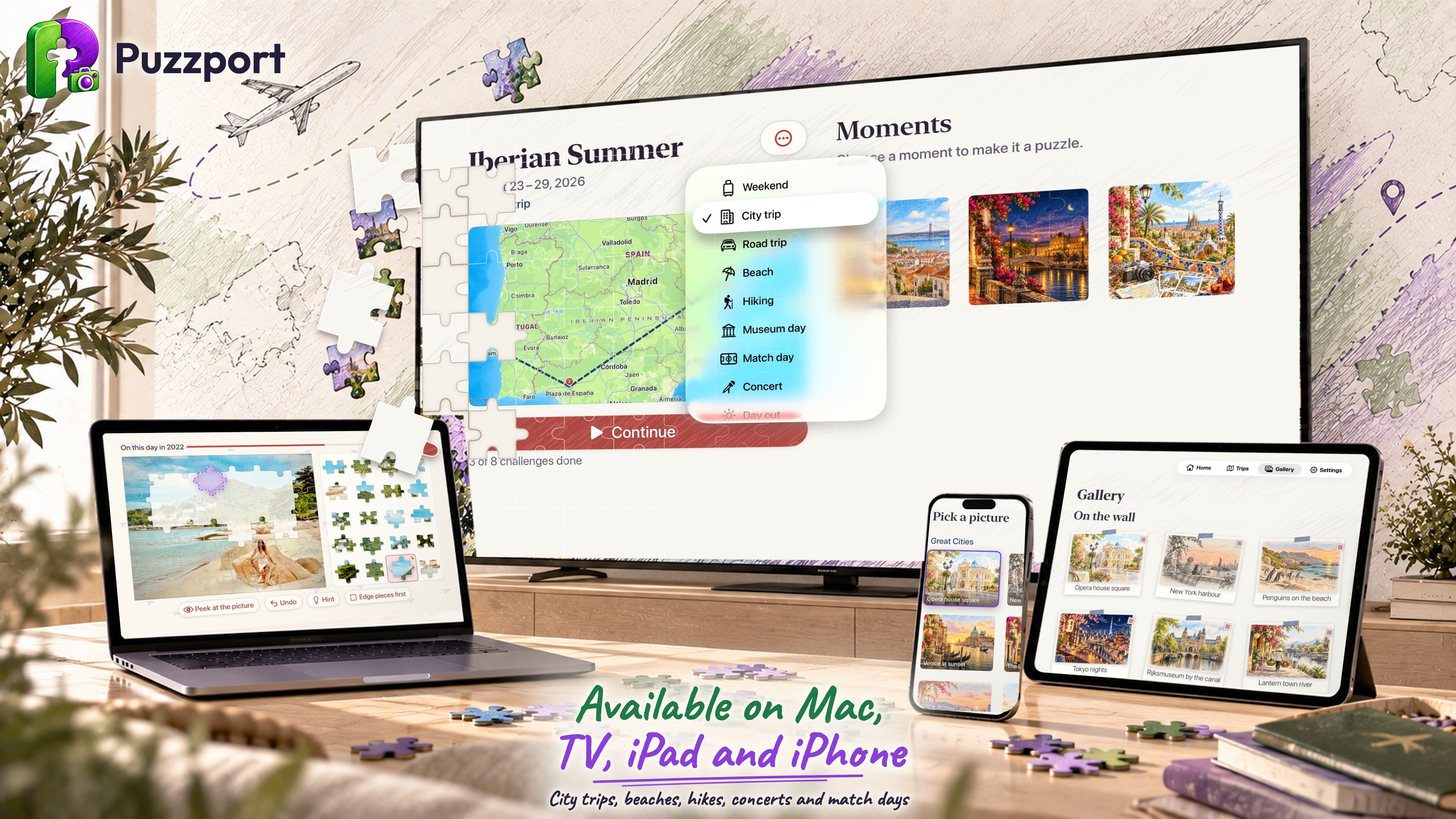 Puzzport on Apple TV: the same trips on Mac, Apple TV, iPad and iPhone