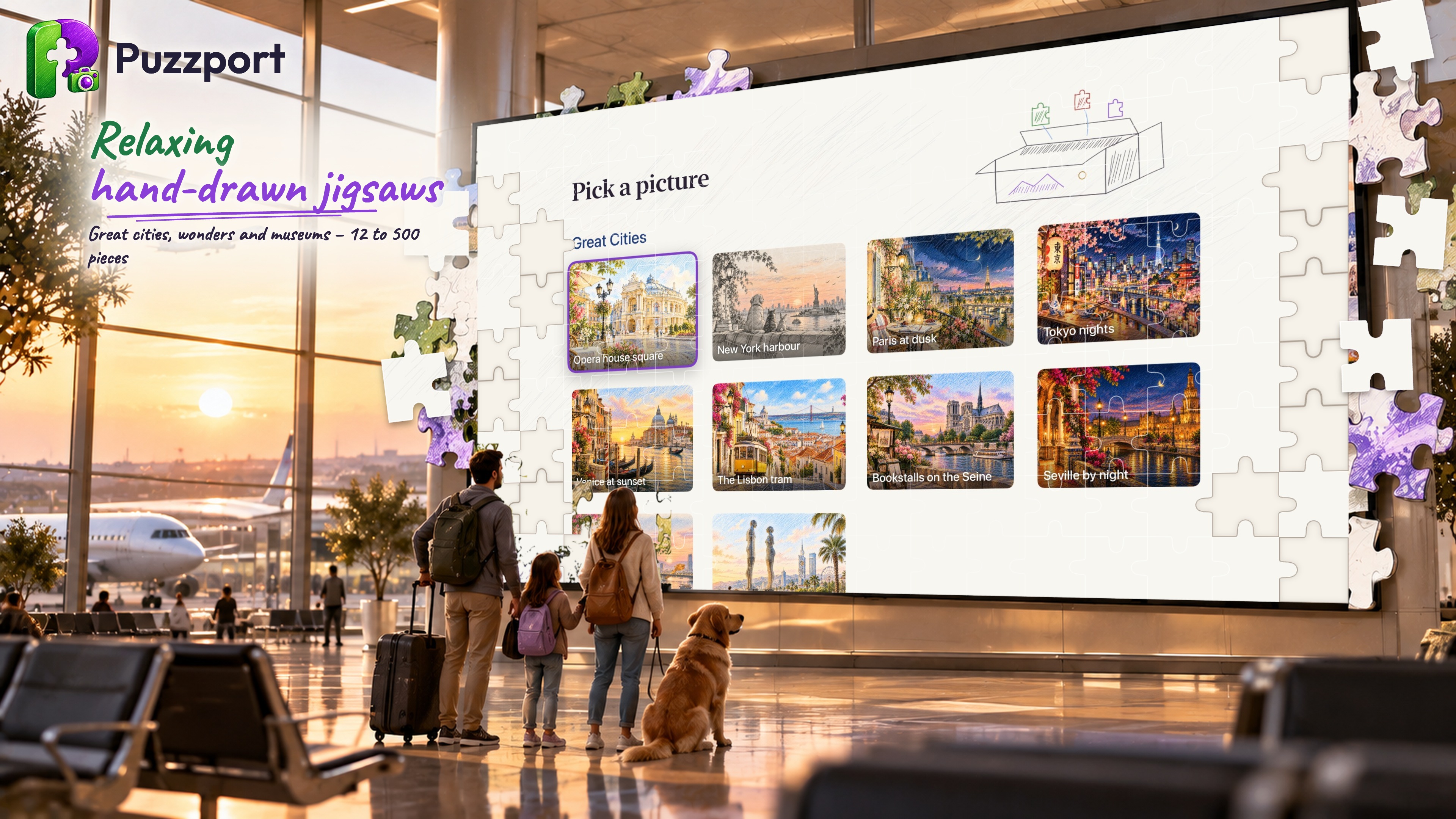 Puzzport on Apple TV: relaxing hand-drawn jigsaws of great cities, wonders and museums
