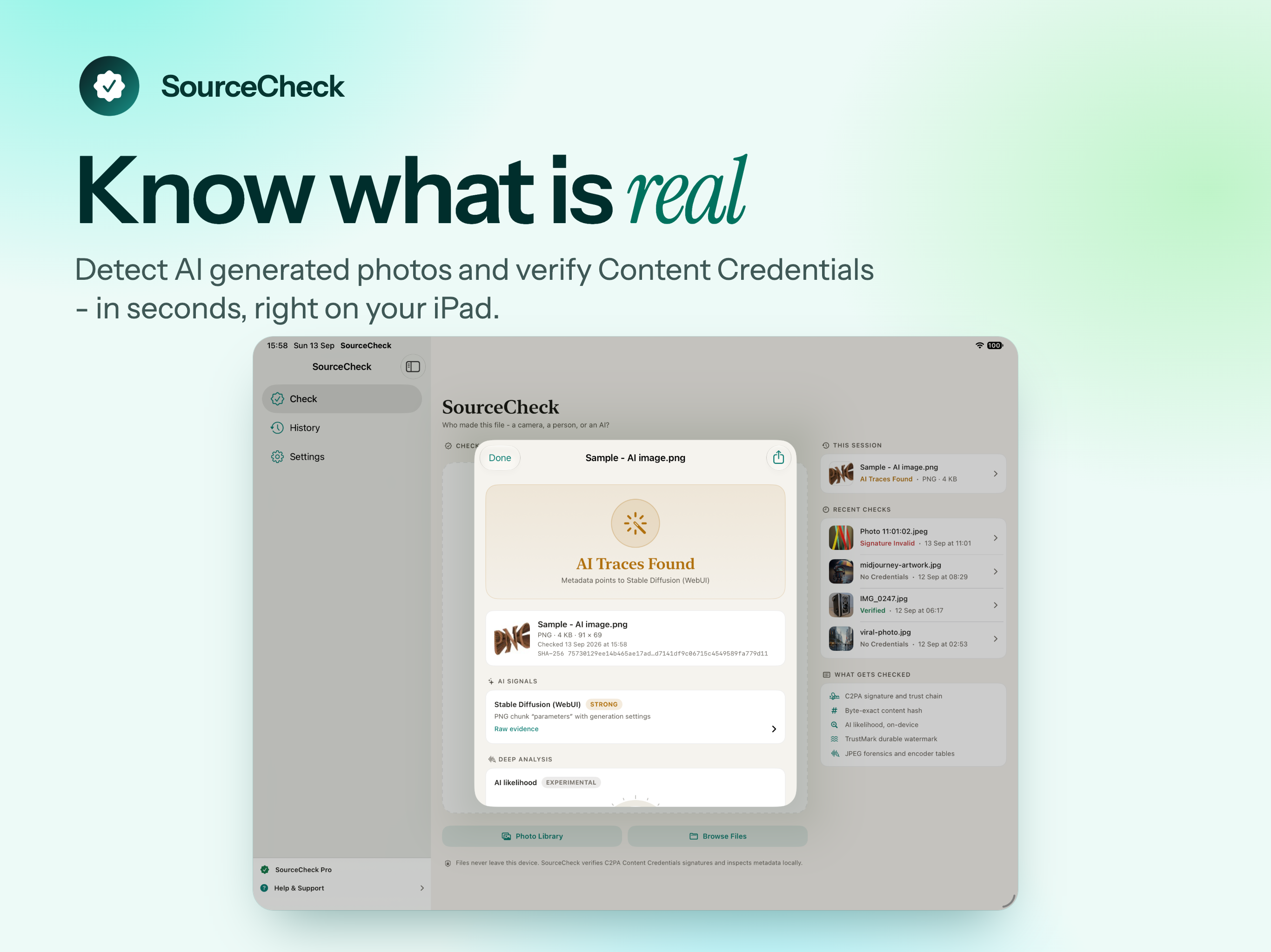 SourceCheck on iPad, screen 1