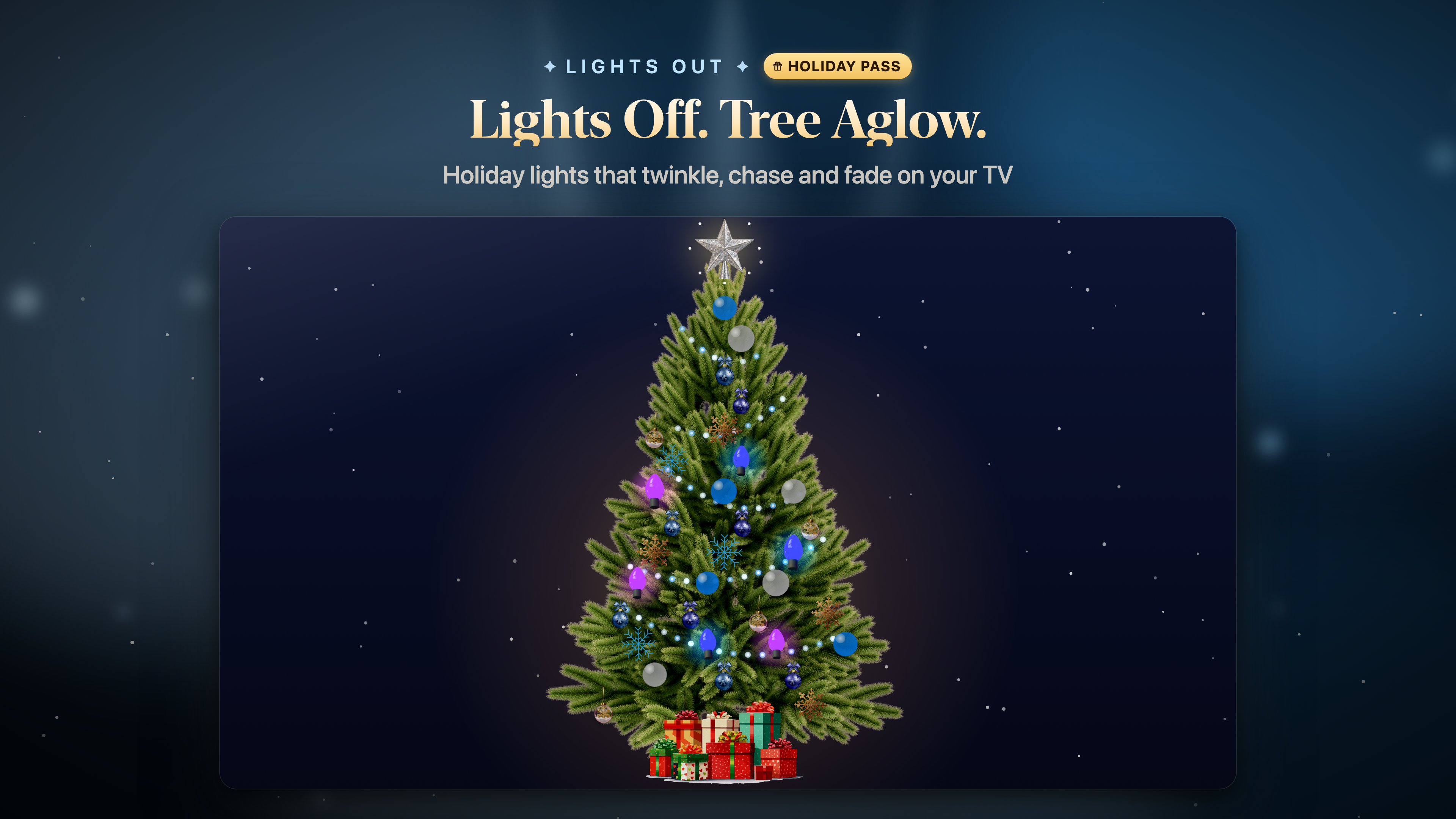 A decorated Christmas tree glowing in Lights Out mode on Apple TV