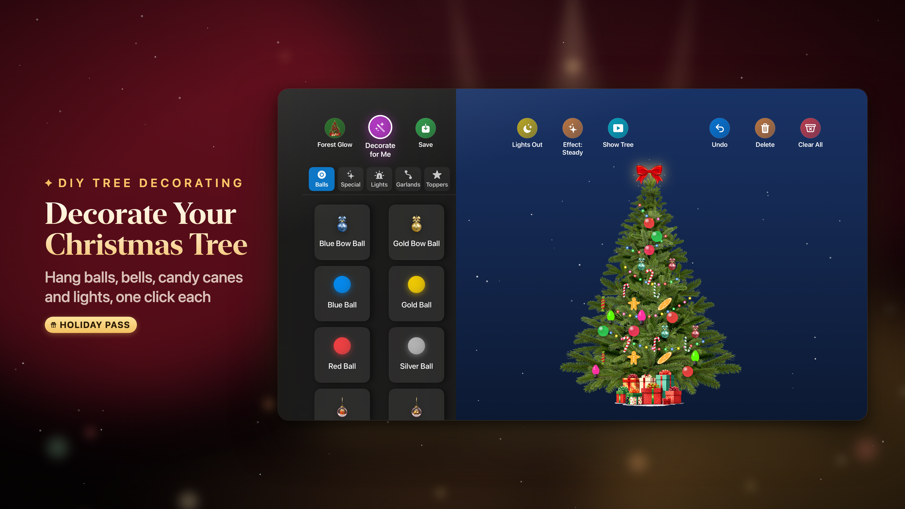 Glass ball ornaments on the shelf beside a Christmas tree in Christmas Tree Decorator on Apple TV