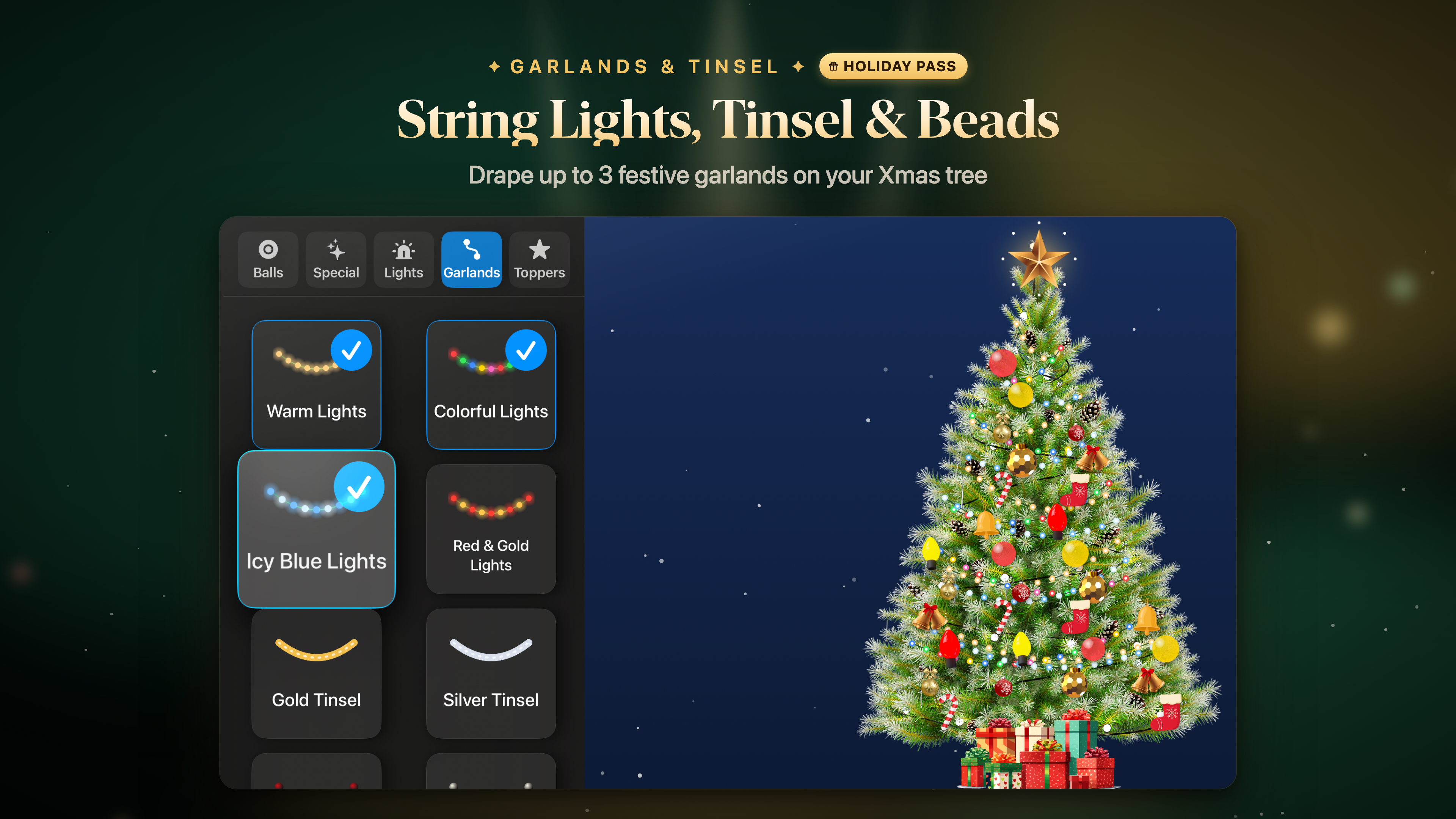 String lights, tinsel and bead garlands being draped on a Christmas tree in Christmas Tree Decorator on Apple TV