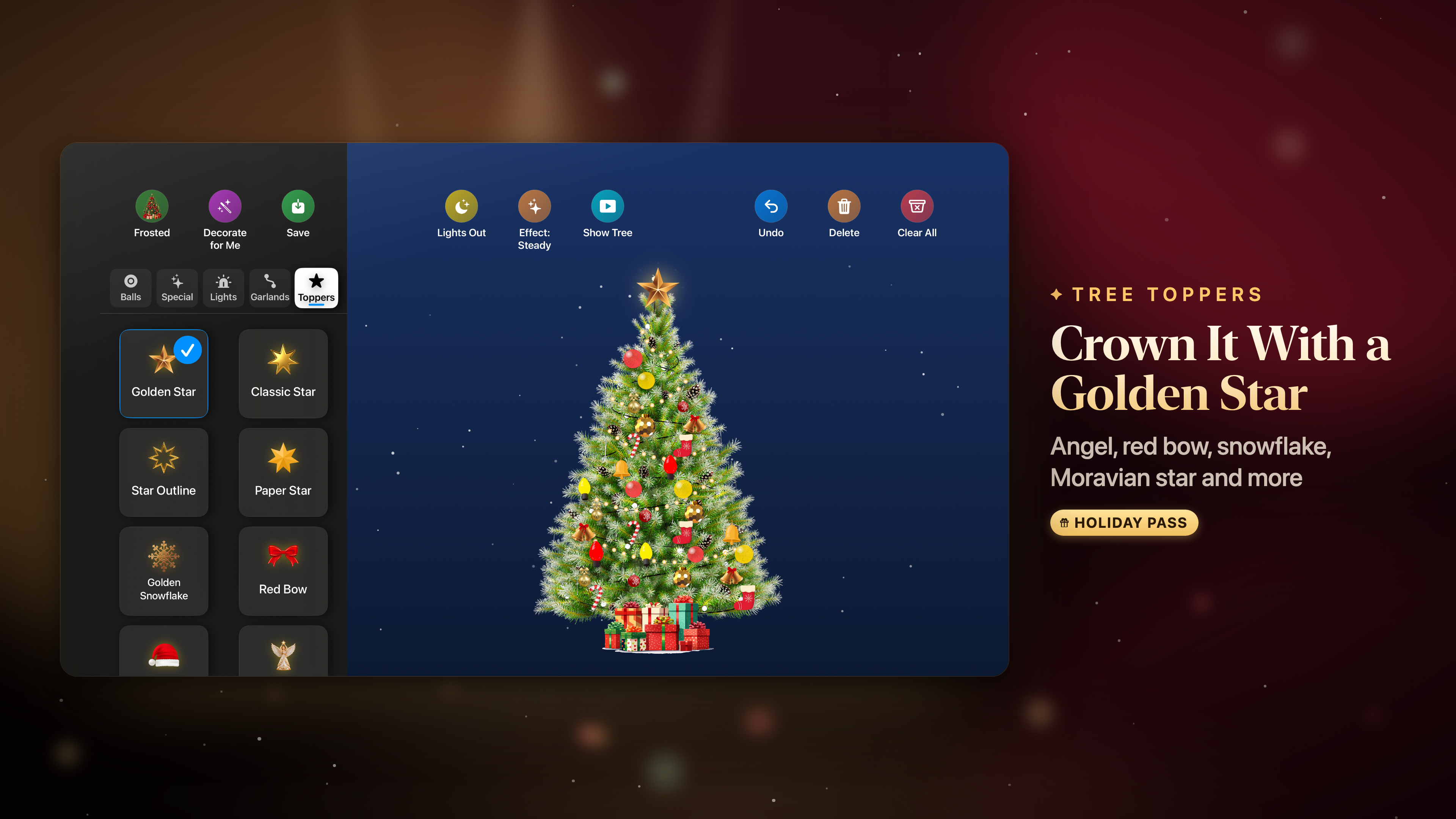 Tree toppers in Christmas Tree Decorator on Apple TV: golden star, classic star, paper star, snowflake, red bow and angel