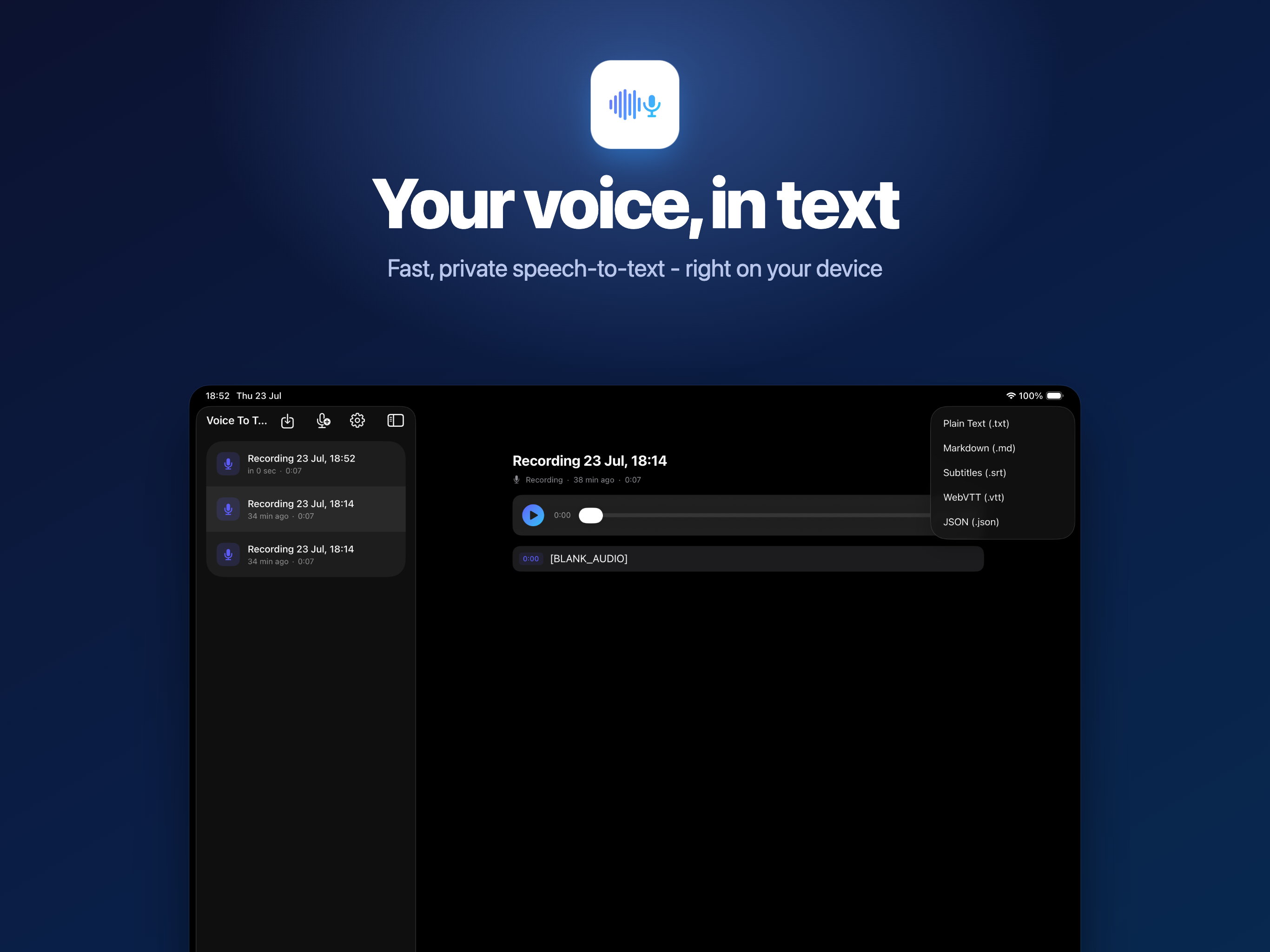 Voice to Text on iPad, screen 1